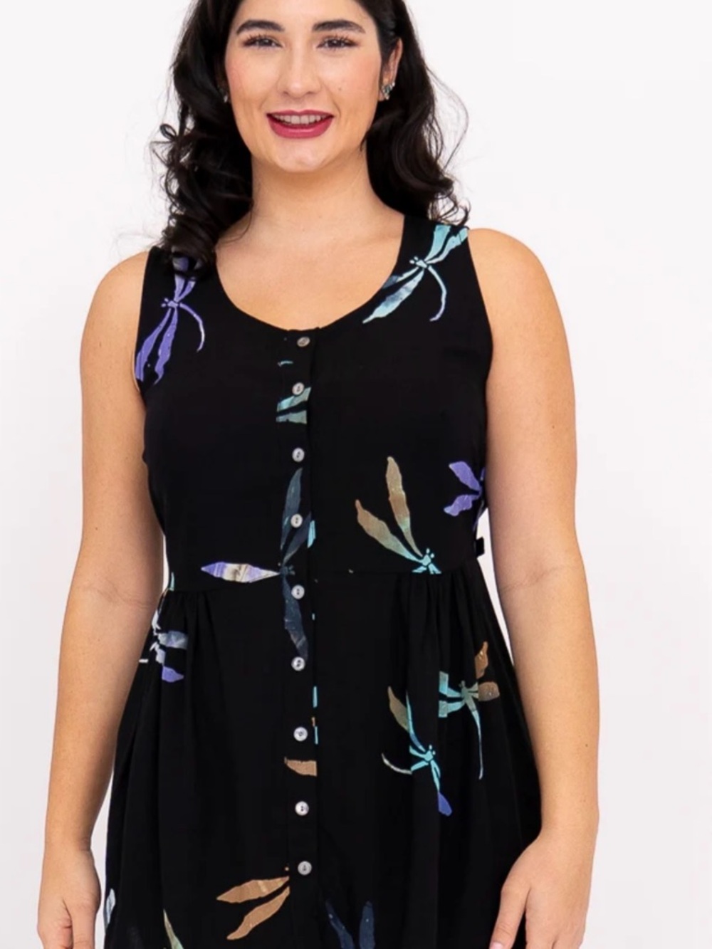Black Button-Front Sleeveless Dress with Pastel Dragonfly Print